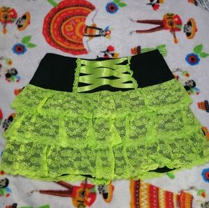 Lace Tiered Mini Skirt with Satin Ribbon Detail - Neon Green